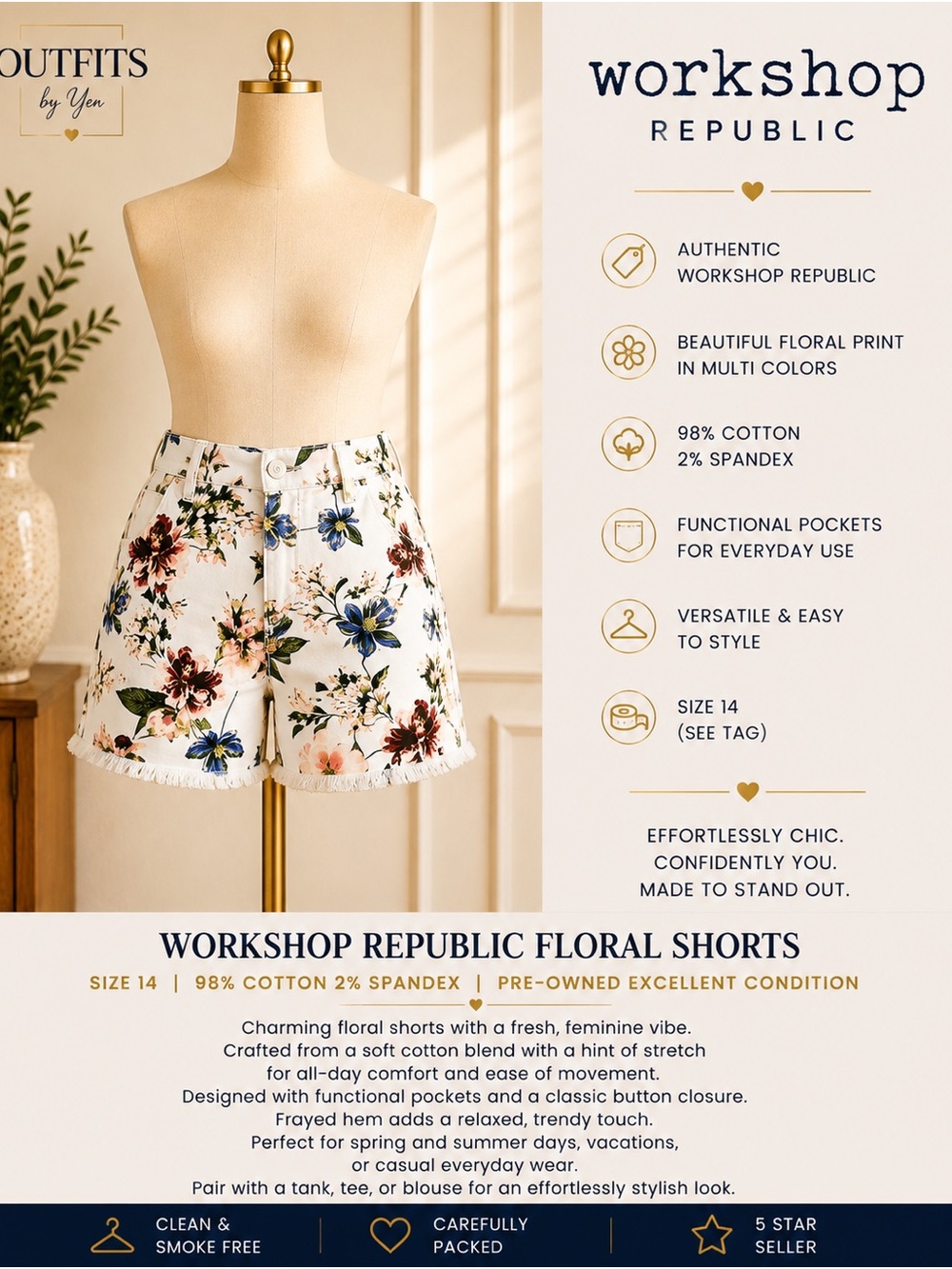 Workshop Republic Floral Jean Shorts - White with Blue & Pink Flowers